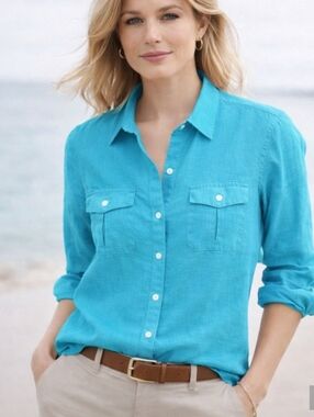 Lands’ End Turquoise Button Front Blouse Women’s Size Large